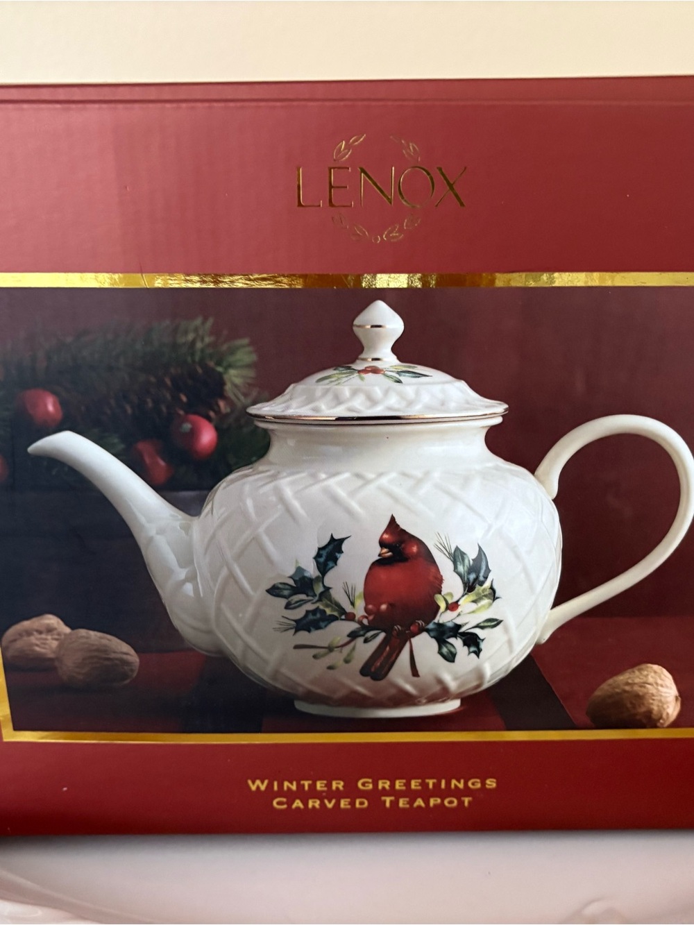 Lenox White Teapot with Red Cardinal and Gold Trim